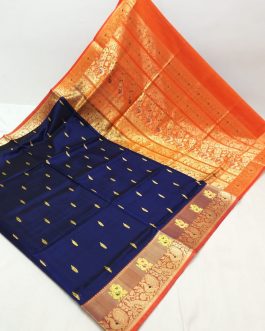 Big Border Peshwai Silk Paithani Navy Blue and Orange