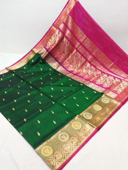 Big Border Peshwai Silk Paithani Green and Pink - Maharani Paithani