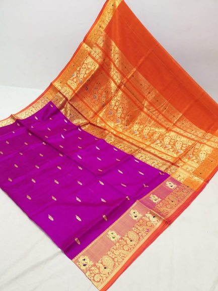 big border peshwai silk paithani purple orange