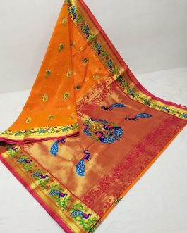 Embroidery Brocket Paithani Mango Yellow and Pink