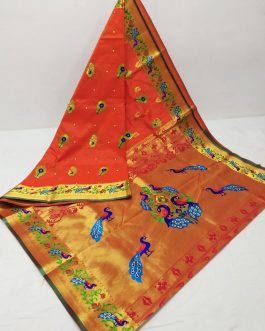 Embroidery Brocket Paithani Orange