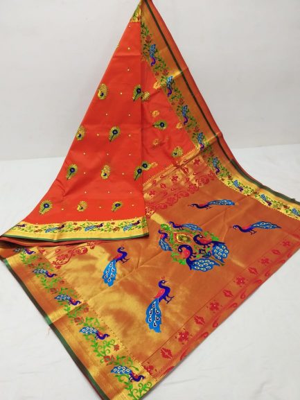 embroidery brocket paithani orange