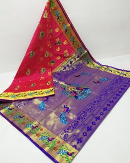 Embroidery Brocket Paithani Pink and Blue