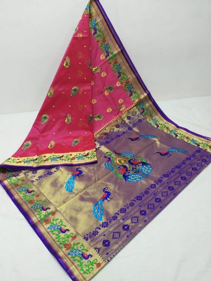 embroidery brocket paithani pink blue