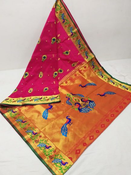 embroidery brocket paithani pink green