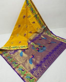 Embroidery Brocket Silk Paithani Yellow and Blue