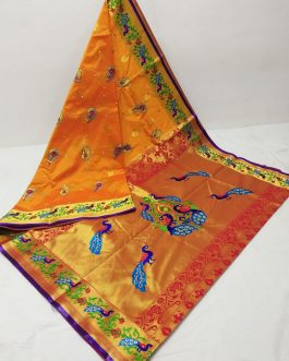 Embroidery Brocket Silk Paithani Yellow