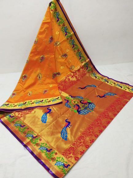 embroidery brocket paithani yellow red