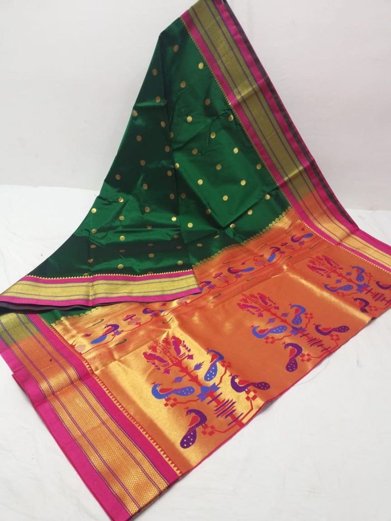 Semi Kadiyal Silk Paithani Green and Pink - Maharani Paithani