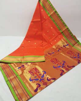 Semi Kadiyal Silk Paithani Orange and Parrot Green