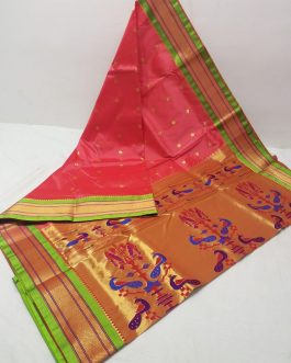 Semi Kadiyal Silk Paithani Peach and Parrot Green