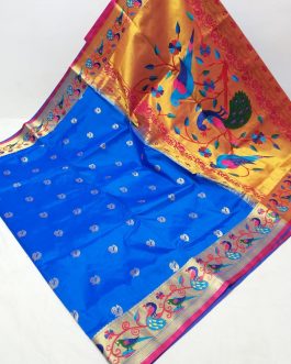 Mor Popat Embroidery Brocket Paithani Royal Blue and Pink