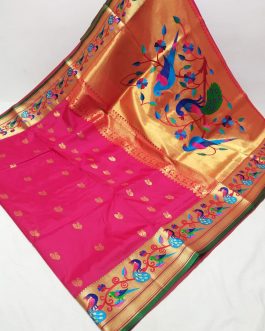 Mor Popat Embroidery Brocket Paithani Pink and Green