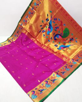 Mor Popat Embroidery Brocket Paithani Purple and Green